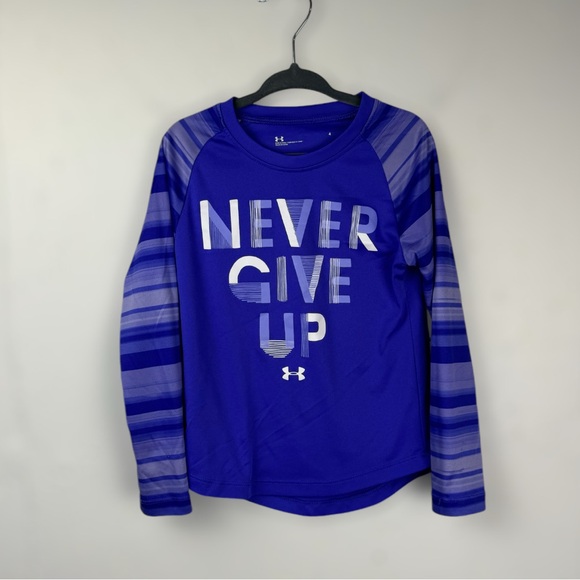 Under Armour Girls Long Sleeve Baseball T-Shirt Never Give Up Graphic Purple 4 - Picture 1 of 8